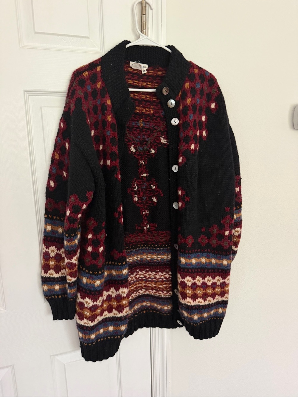 Vintage AnnTaylor 100% wool fair isle cardigan sweater M black red nordic chunky